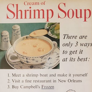 1960 CAMPBELL'S Cream of Shrimp Soup Frozen Food Vintage Print Ad 