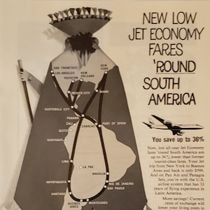 Puede incluir: Un cartel de viaje vintage que anuncia tarifas económicas de vuelos en jet a Sudamérica. El cartel presenta un mapa de Sudamérica con una ilustración estilizada de una persona que lleva un sombrero y una capa tradicionales sudamericanos. El texto del cartel dice "Nuevas tarifas económicas en jet 'Round South America" y "Ahorra hasta un 36 %".