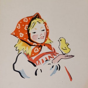 ERA SOVIÉTICA RUSA Vintage Post Card Girl Holding Yellow Chick
