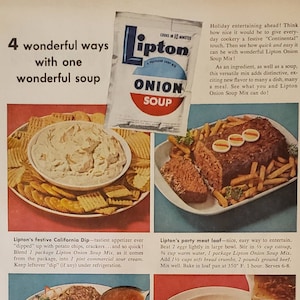 1956 LIPTON ONION SOUP Mix Food Meal Ideas Recipes Vintage Print Ad