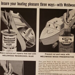 1961 WELDWOOD Adhesives Epod Finishes Waterproof Glue Varnish Preservative Coatings Boat Boating Vintage Print Ad