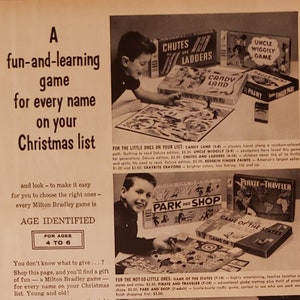 1959 MILTON BRADLEY Board Gsmes Chutes and Ladders Racko Easy Money Game Vintage Print Ad