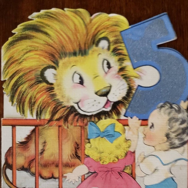 Vintage 1940s Die Cut 5th Birthday Greeting Card Lion Zoo Children