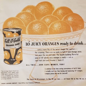 1949 FULL O&#39; GOLD Orange Juice Fruit Beverage Drink Vintage Print Ad
