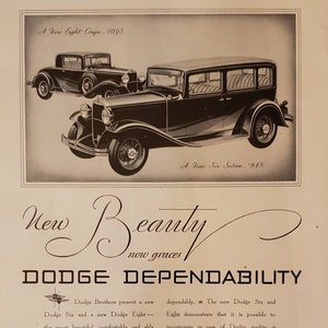 1931 DODGE Eight Coupe Six Sedan Car Dependability Automobile Vintage Print Ad