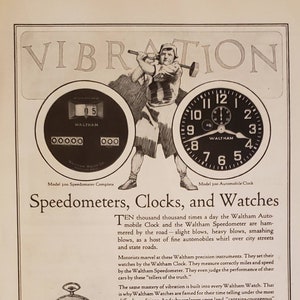 Puede incluir: Un anuncio en blanco y negro para relojes, relojes y velocímetros Waltham. El anuncio presenta a un hombre balanceando un martillo, con un reloj y un velocímetro en el fondo. El texto dice "Vibración" y "Waltham, The Scientifically Built Watch."