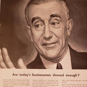 May include: A black and white illustration of a man with a serious expression. The text "Are today's businessmen shrewd enough?" is at the bottom of the image. The text "FREE! TELLS YOUR RISK!" is in a red box at the bottom of the image. The text "IF IT'S MOSLER... IT'S SAFE" is in a red box at the bottom of the image. The text "Mosler Safe Company" is in a red box at the bottom of the image. The text "Since 1848" is in a red box at the bottom of the image. The text "World's largest builders of safes and bank vaults... Mosler built the U.S. Gold Storage Vaults at Fort Knox and the famous bank vaults that withstood the Atomic Bomb at Hiroshima" is in a red box at the bottom of the image.
