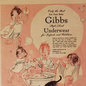 1947 GIBBS UNTERWÄSCHE Baby Säugling Kinder Kleidung Kleidung Mode Rosa Meg Wohlberg Kunst Vintage Print Ad