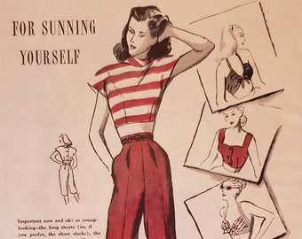 1946 SIMPLICITY PATTERNS Sewing Pattern Womens Clothing Fashion Striped Midriff Blouse Long Shorts Vintage Print Ad
