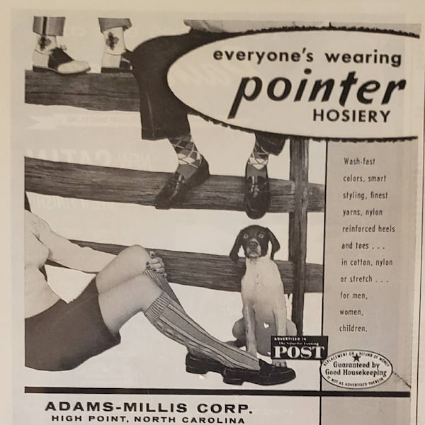 1957 POINTER HOSIERY Socks Stockings Footwear Fashion Adams Millis Corp Dog Vintage Print Ad