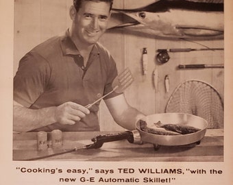1955 GENERAL ELECTRIC GE Automatic Skillet Ted Williams Cooking Appliances Frying Fried Fish Food Kitchen vintage Print Ad