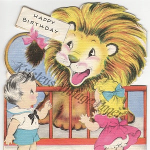 Instant Digital Download BIRTHDAY CARD Girl Boy Lion Zoo Kids Die Cut Vintage Digital Image File Printable Scrapbooking Collage Crafting