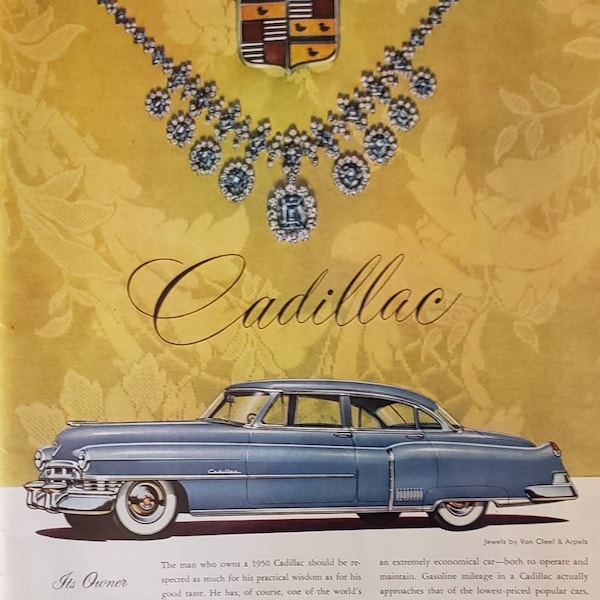 1950 CADILLAC Car Blue Automobile Luxury Vehicle Van Cleef and Arpels Jewels Necklace Vintage Print Ad