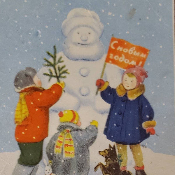 RUSSIAN SOVIET ERA Vintage Post Card Snowman Snow Winter Holiday Children