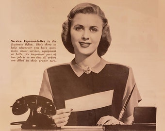 1946 BELL TELEPHONE SYSTEM Business Office Service Representative Young Woman Citations Telecommunications Vintage Print Ad