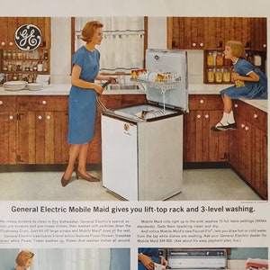 1963 GE General Electric Mobile Maid Dishwasher Kitchen Appliance Washer Dryer Laundry Washing Machine Vintage Print Ad