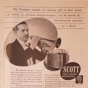 1944 SCOTT Fine Radio Receivers Music Trumpet Player Musician Vintage Print Ad