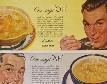 1946 CAMPBELL'S SOUP Scotch Broth Chicken Soup Vegetable Soup Food Soups Oh Ah Men Eating Vintage Print Ad