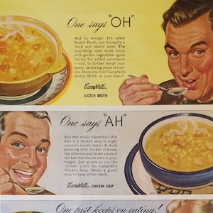1946 キャンベルスープ スコッチブイヨン チキンスープ 野菜スープ 食べ物 スープ ああ 男性 食べる ヴィンテージ 印刷広告