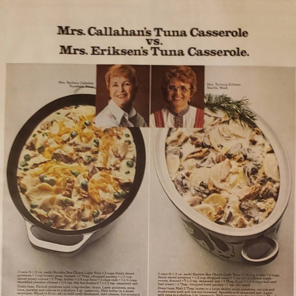 1976 BUMBLE BEE Tuna Casserole Mrs Callahan Mrs Eriksen Food Recipes Vintage Print Ad