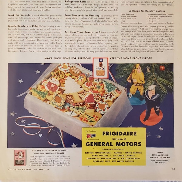 1944 FRIGIDAIRE Refrigerator General Motors Kitchen Appliance Holiday Cookies Recipe Vintage Print Ad