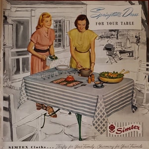 1948 SIMTEX MILLS Tablecloth Outdoor Eating Housewife Vintage Print Ad