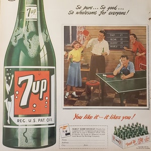 1951 7-Up SEVEN UP Soda Beverage Bottle Drink Family Ping Pong Table Tennis Game Vintage Print Ad