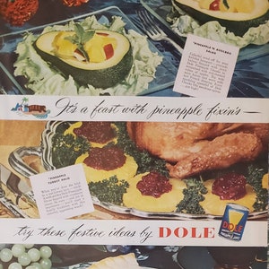 1947 DOLE Pineapple Fruit Food Holiday Feast Recipe Vintage Print Ad