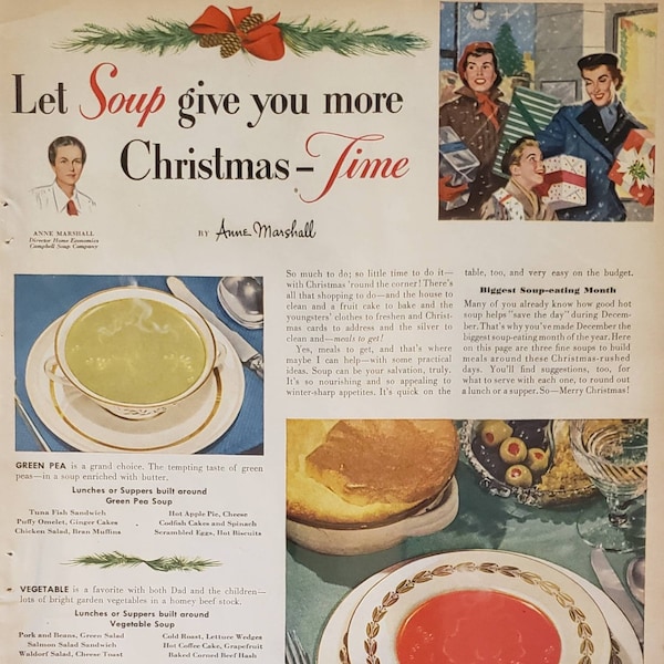 1950 CAMPBELL'S SOUP Tomato Vegetable Green Pea Soups Canned Food Christmas Shopping Vintage Print Ad