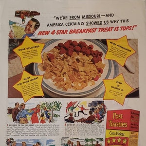 1941 POST TOASTIES Corn Flakes Cereal Missouri Breakfast America General Foods Vintage Print Ad