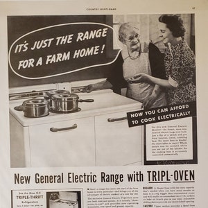 1937 GENERAL ELECTRIC GE Automatic Electric Range Tripl Oven Farm Home Kitchen Housewife Farm Wife Appliance Calrod Units Vintage Print Ad