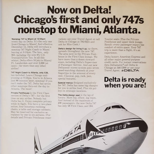 1970 DELTA Airlines 747 Chicago Nonstop Miami LEJON Cold Duck Champagne Burgundy Drink Alcohol Drinking Vintage Print Ad