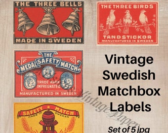 Instant Digital Download SWEDISH MATCHBOX LABELS 5 jpg Images Lot #1 Vintage Digital Image File Printable Scrapbooking Collage Crafting