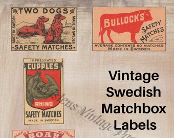 Instant Digitale Download ZWEEDSE MATCHBOX LABELS 5 jpg Afbeeldingen Lot # 9 Dieren Vintage Digitaal Image File Clip Art