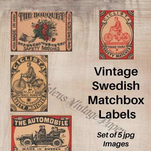 Instant Digital Download SWEDISH MATCHBOX LABELS 5 jpg Images Lot #12 Bicycles Vintage Digital Image File Clip Art