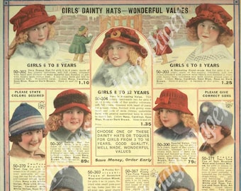 INSTANT DOWNLOAD - Girls Dainty Hats - Victorian - Fashion - Catalog Page - Vintage - Printable - Crafting - Scrapbooking - Digital Image