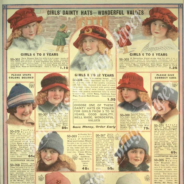 INSTANT DOWNLOAD - Girls Dainty Hats - Victorian - Fashion - Catalog Page - Vintage - Printable - Crafting - Scrapbooking - Digital Image