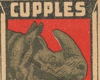 1900s Antique Swedish Matchbox Label Vintage Paper Ephemera - CUPPLES Safety Matches Rhino Rhinoceros Animal