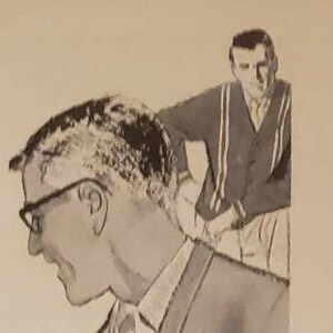 May include: A black and white illustration of a man wearing a gray cardigan sweater and glasses. The text "notable Pendletons" is at the top of the image. The text "WARRANTED TO BE A PENDLETON" is in a box at the bottom of the image. The text "ALWAYS VIRGIN WOOL" is below the box. The text "WOOL Knitted in America" is on the right side of the image.