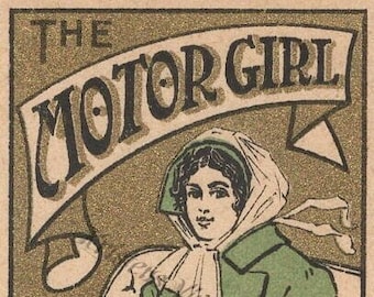 1900s Antique Swedish Matchbox Label Vintage Paper Ephemera - MOTOR GIRL Driving Car Sweden Safety Matches
