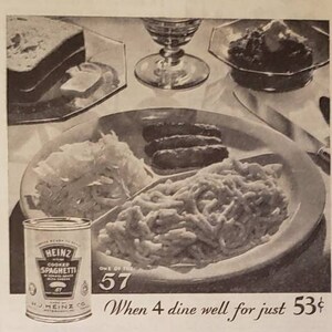 1932 HEINZ Cozido Espaguete Enlatado Comida Jantar Anúncio Impresso Vintage