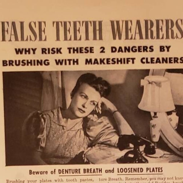 1943 POLIDENT Denture Cleaner False Teeth Wearers Clean Breath Oral Hygiene World War 2 Vintage Print Ad