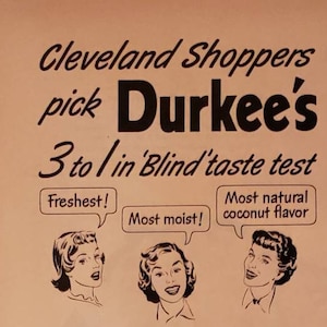 1951 DURKEE'S COCONUT Cake Cleveland Shoppers Teste de sabor cego Comida Vintage Anúncio impresso