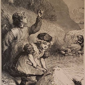 1896 CHILDREN&#39;S BOOK ILLUSTRATION Victorian Black and White Vintage Art Children Playing in Sand Shells