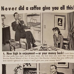 1947 BORDEN&#39;S Instant Coffee Drink Beverage SCOTT TISSUE Scotties Soft-Weve Toilet Paper Vintage Print Ad