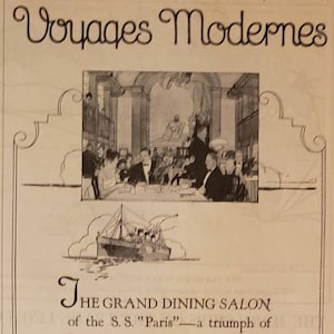 1922 FRENCH LINE SS Paris Grand Dining Salon Compagnie Generale Transatlantique Ship Cruise Tranatlantic Europe Travel Vintage Print Ad