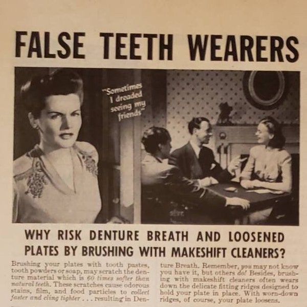 1943 POLIDENT Dentures Cleaner False Teeth Wearers Clean Breath Oral Hygiene World War 2 Vintage Print Ad