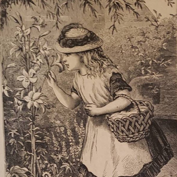 1896 CHILDREN'S BOOK ILLUSTRATION Victorian Black and White Vintage Art Girl Smelling Flowers Garden