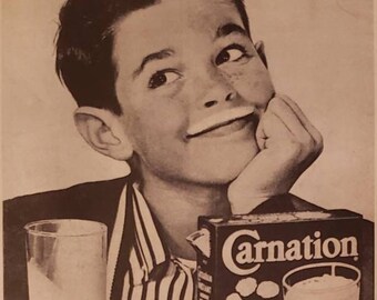 1958 CARNATION Magic Crystals Instant Nonfat Dry Milk Mustache Boy Dairy Drink Vintage Print Ad