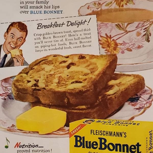 1947 FLEISCHMANN'S Blue Bonnet Oleo Margarine Toast KRAFT Philadelphia Cream Cheese Peaches Recipe Food  Vintage Print Ad